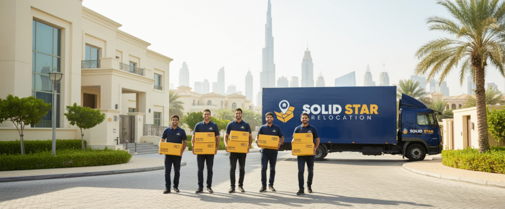 How to Choose the Best Movers and Packers in Dubai – Complete Checklist 4 Best Movers ANd packers in Dubai where A team of professional movers from solid star relocation arriving at dubai villa