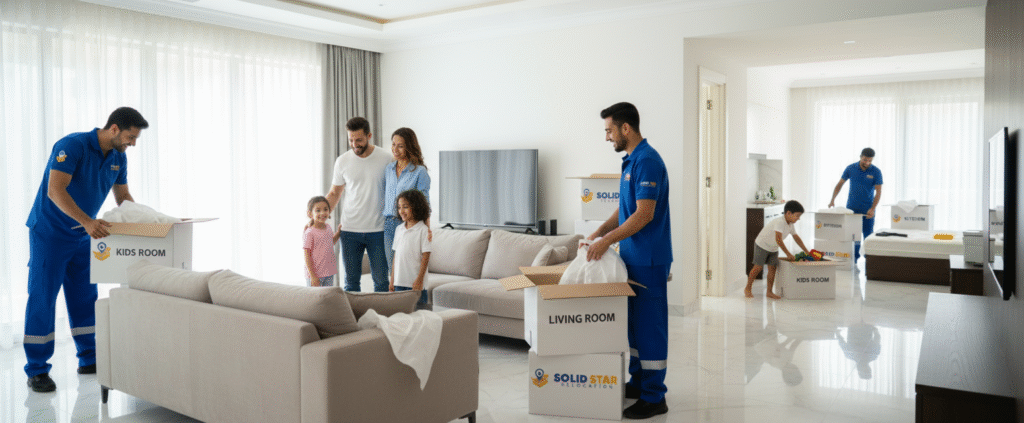 How to Plan a Smooth Villa Relocation in Dubai | Solid Star Relocation 3 A Smooth Villa Relocation in Dubai where a family unpacking and arranging furniture