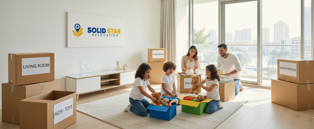 House Moving For Kids, A happy child unpacking toys on a new badroom