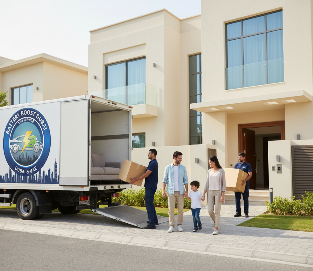 A professional movers and packers carrying furniture into a modern Dubai villa