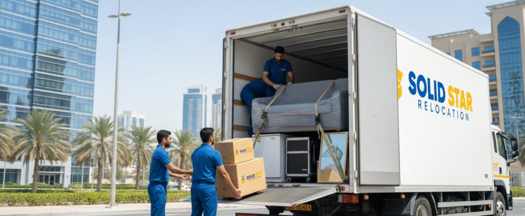 How to Protect Your Furniture During a Move | Solid Star Relocations Dubai 3 Protect Your Furniture Where Professional Movers in Dubai Loading Wrapped Sofas, Boxes, and glass items into a moving truck