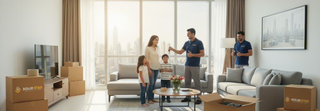 How to Make Stress-Free House Moving for Kids | Solid Star Relocation Dubai 9 professional House Moving for kids in dubai Happy Custome Relocation Success: A family smiling in their new Dubai home, with neatly arranged furniture and unpacked boxes around.