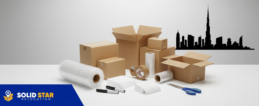 Moving Supplies Checklist moving supplies placed neatly on a white table