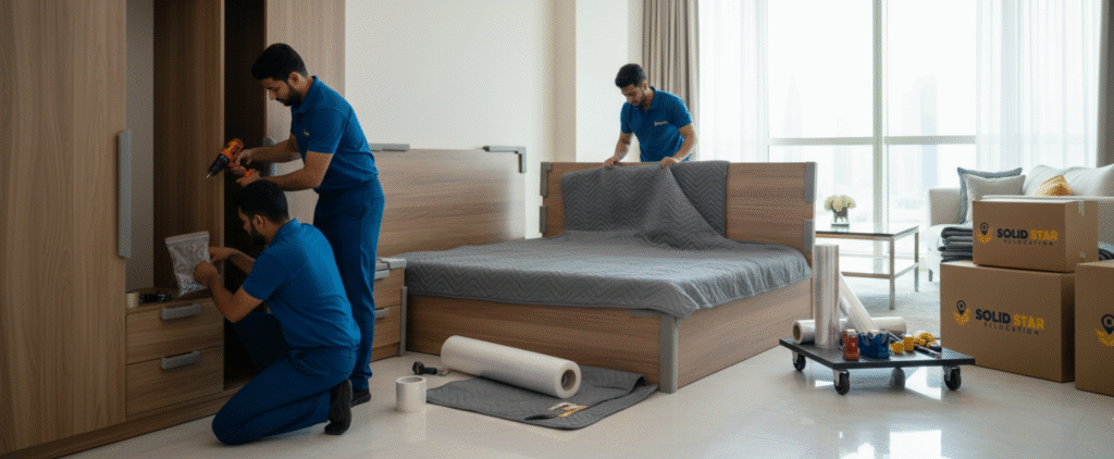 How to Protect Your Furniture During a Move | Solid Star Relocations Dubai 2 Protect Your Furniture where a skilled movers disassembling a large wadrobe