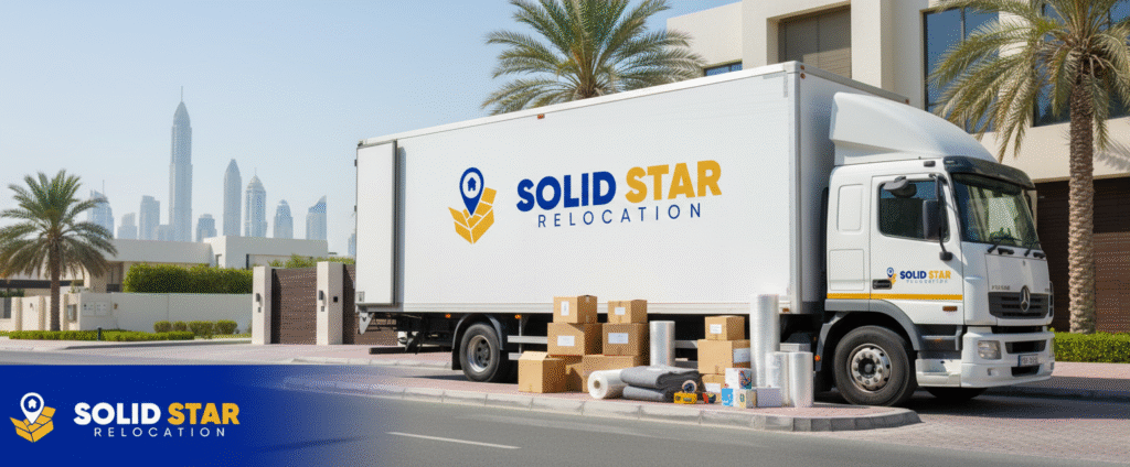 Moving Supplies Checklist truck Parked outside a contemporary Dubai home