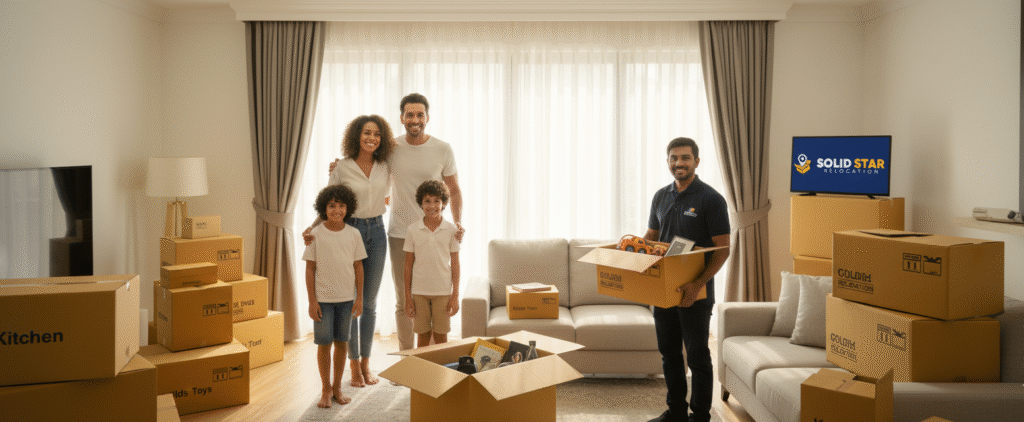 House move in Dubai, a happy family standing in their new home in dubai