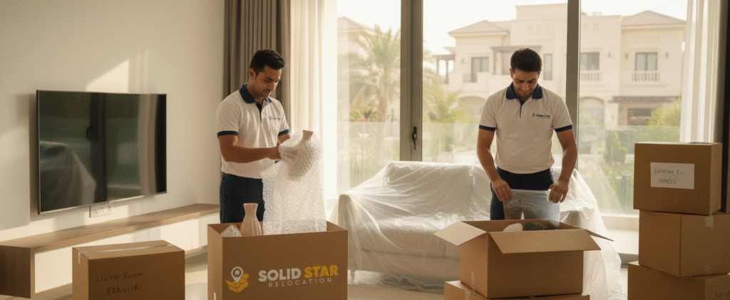 Moving Checklist Supplies Two Professional movers from a relocation company packing items inside a modern villa in dubai