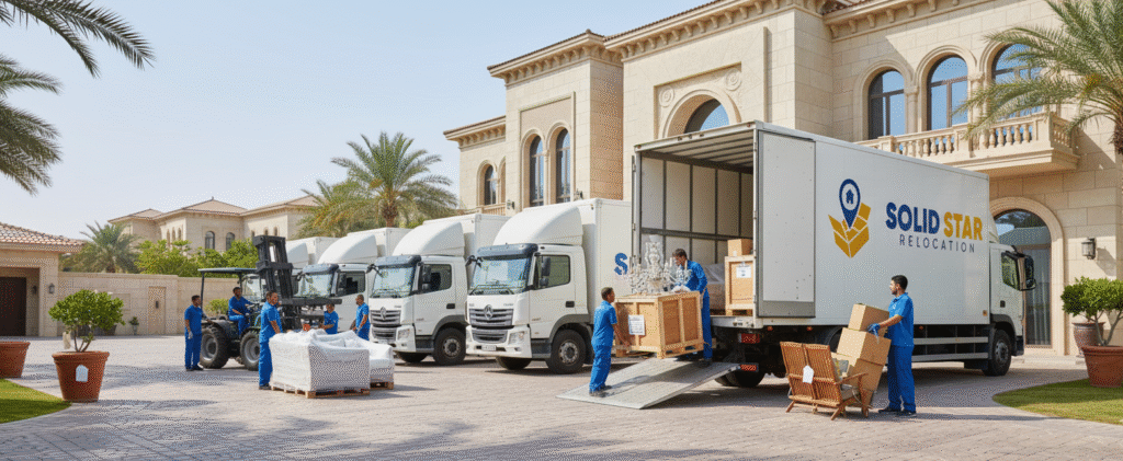 Top 10 Moving Tips Every Homeowner Should Know | Solid Star Relocation 7 Top 10 Moving Tips where a large moving truck parked outside a Smooth Villa Relocation in Dubai