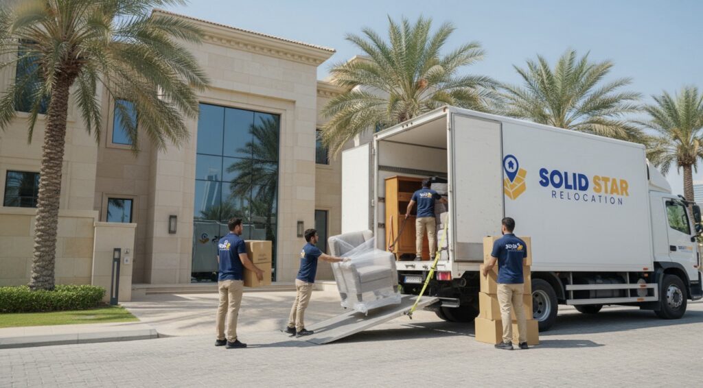 International Move From UAE a movers put material into a container