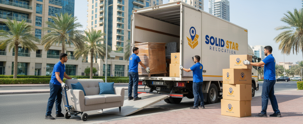 How to Choose the Best Movers and Packers in Dubai – Complete Checklist 3 The Best Movers and Packers in dubai loading furniture and boxes into a moving truck in front of Dubai Building.