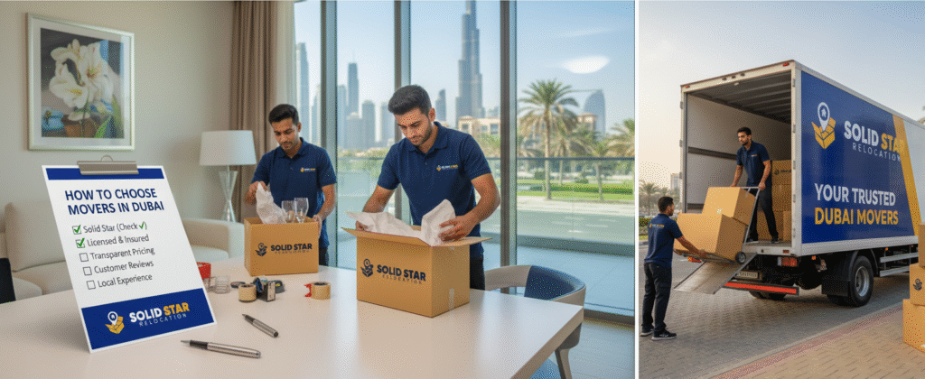 How to Choose the Best Movers and Packers in Dubai – Complete Checklist 1 Best Movers and Packers in Dubai where showing a professional movers packing boxes inside in a dubai apartment