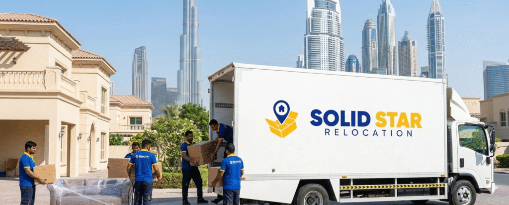 Best Movers Near Me in Dubai, a professional moving company in dubai safely safely carrying packed boxes and wrapped furniture into a modern moving truck.