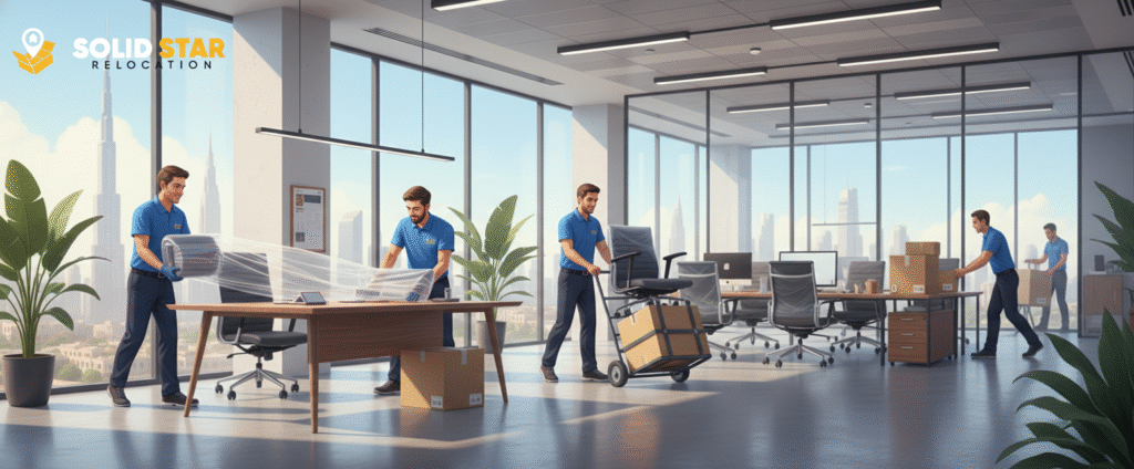 Best Furniture movers in dubai relocating office furniture in a modern dubai office using bubble wraps and blankets.
