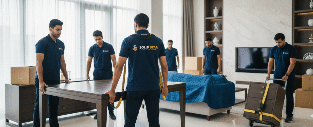 Why Professional House Movers in Dubai Are Better Than DIY Moving | Solid Star Relocation 1 A team of Professional House Movers in dubai Carefully Packing tables and sofas at dubai.