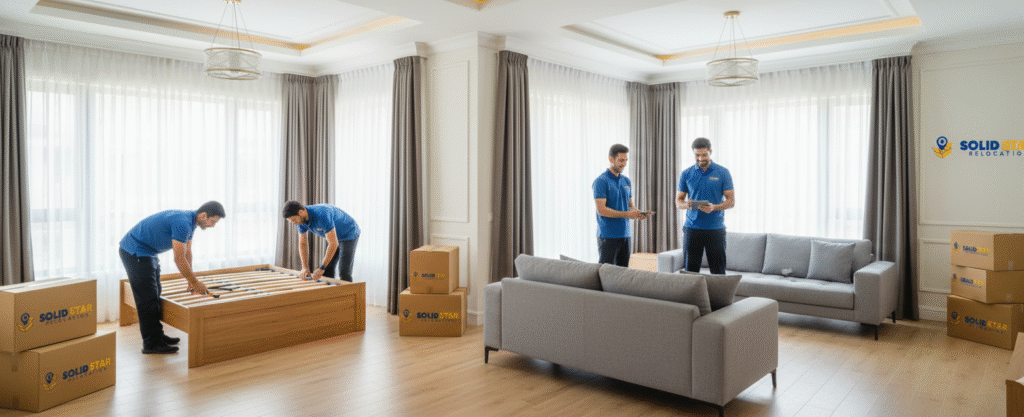 The Benefits of Hiring Full-Service Movers in Dubai | Solid Star Relocations 1 A professional Team of Full-Service Movers in dubai carefully packing a modern living room.