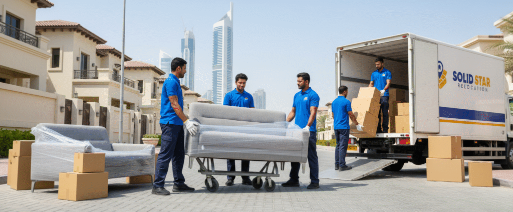 Best Movers in Dubai | Stress-Free Moving with Solid Star Relocation 1 Best Movers in Dubai professional moving team safely packing sofas in truck in dubai
