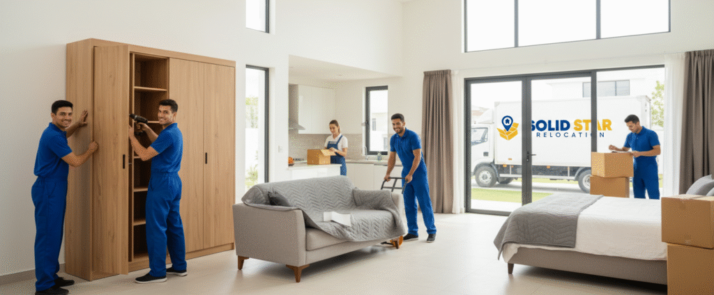 Villa Movers in Dubai – Expert Relocation Services by Solid Star Relocations 3 Villa Movers in Dubai where a professional movers unloading and arranging furniture inside a new villa.