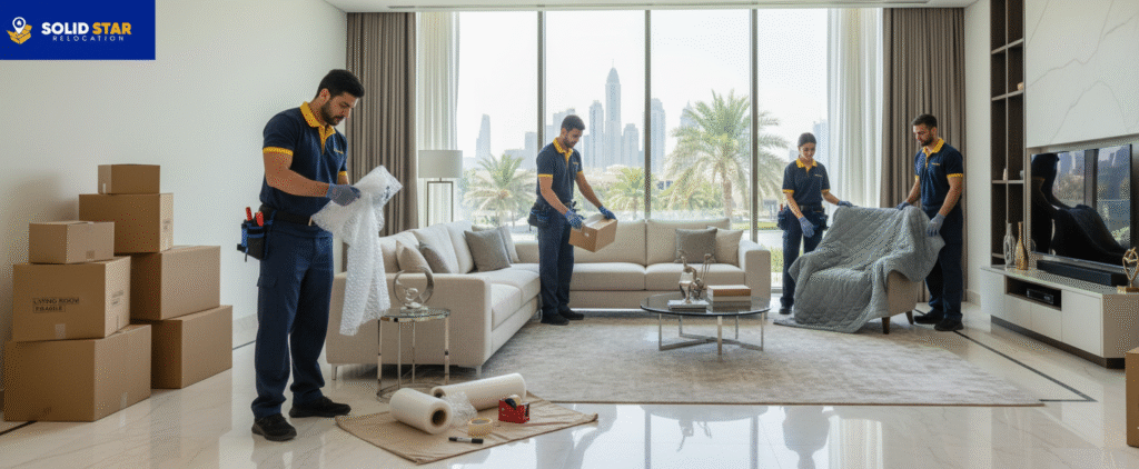 Relocation service in business bay dubai carefully packing a modern villa living room