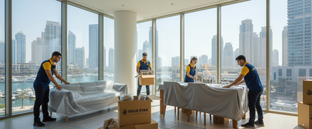 Villa relocation services in Dubai by Solid Star Relocation, showing experienced movers safely handling large furniture and delicate items at a luxury villa.