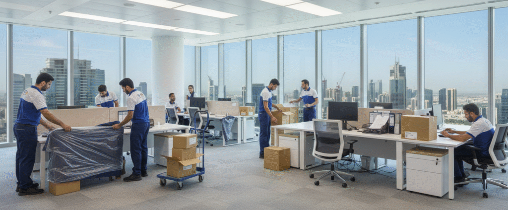 Best Commercial Relocation Services in Dubai where Showing  trained movers carefully packing office furniture.