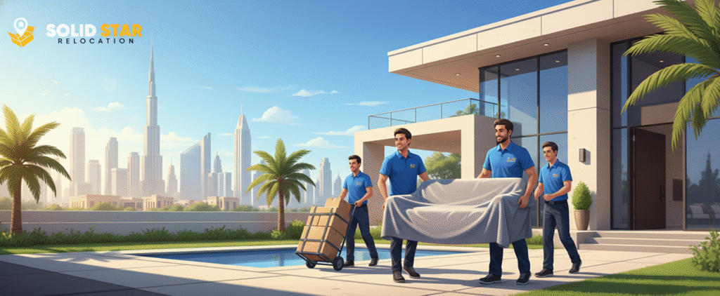 professional movers in Dubai carrying furniture from dubai villa using blankets and a trolleys for safe relocation