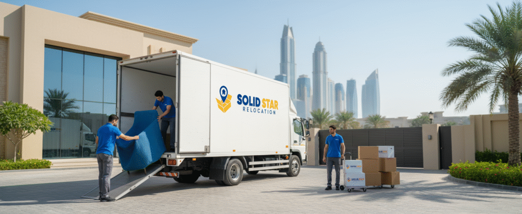 Top 10 Best House Movers in Dubai: Reliable & Affordable | Solid Star Relocation 2 Best House Movers in Dubai "moving truck with solid star Relocation Logo parked outside a modern Dubai Villa.