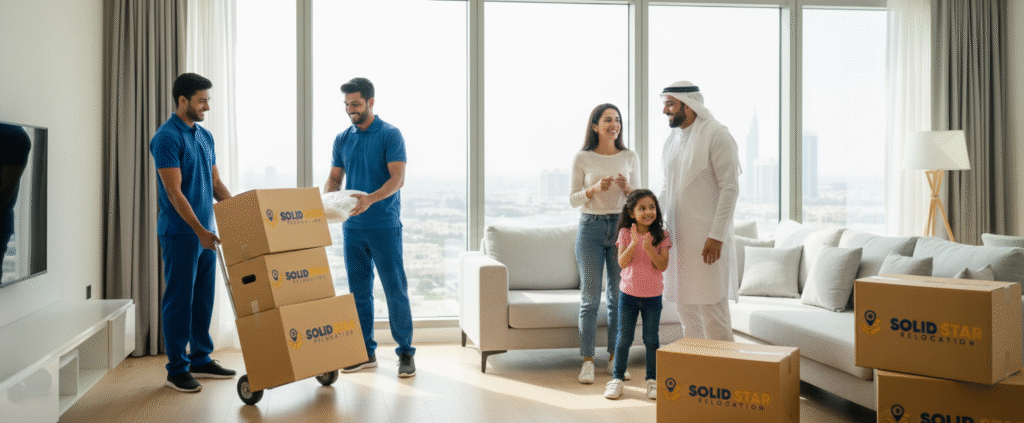 Top 10 Best House Movers in Dubai: Reliable & Affordable | Solid Star Relocation 3 Best House Mover in Dubai where a happy family in Dubai receiving their packed belonging from movers.