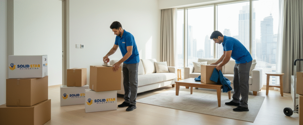 Top 10 Best House Movers in Dubai: Reliable & Affordable | Solid Star Relocation 1 Best House Movers in Dubai where a professional movers carefully packing Boxes and furniture in a modern Dubai Apartment