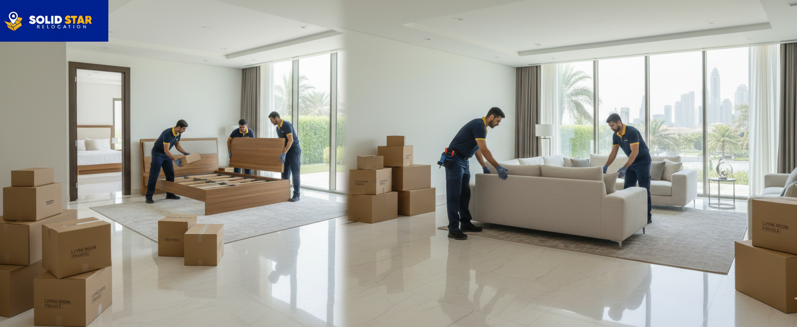 Professional villa moving services in Palm Jumeirah with expert movers carefully packing luxury furniture inside a modern Dubai villa