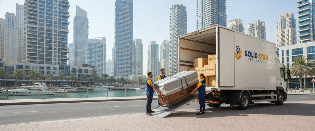 Fast movers Dubai loading luxury furniture into a moving truck at a residential villa community.