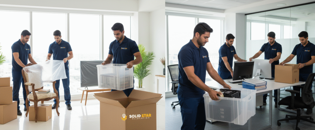 Office relocation services in Dubai with professional movers packing office equipment, documents, and workstations for a smooth business move.