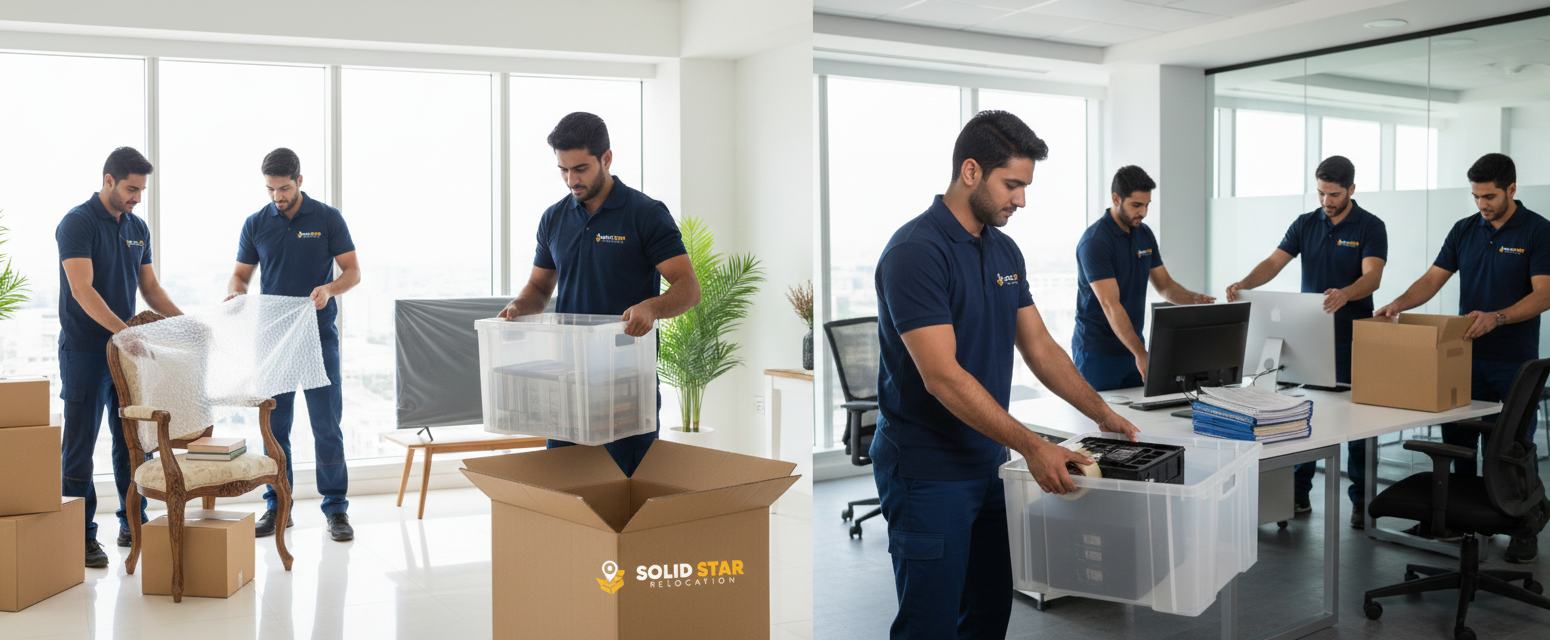 Relocation Services in Business Bay: What to Expect with Solid Star Relocation with professional movers packing office equipment, documents, and workstations for a smooth business move.