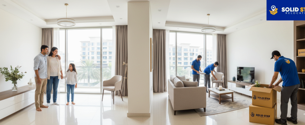 Happy family in a new home while professional house movers in Dubai Silicon Oasis arrange furniture during a fast and secure move.