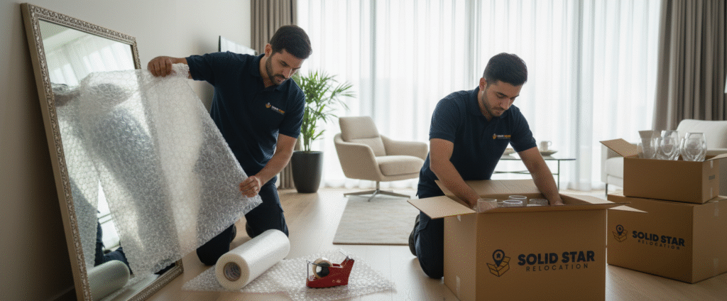 professional movers safely packing home furniture inside a home