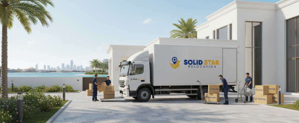 Moving truck parked outside a luxury villa moving services in  Palm Jumeirah Dubai