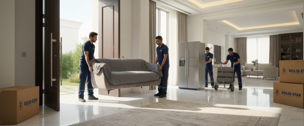 Experienced movers handling large furniture during villa moving services in Palm Jumeirah Dubai