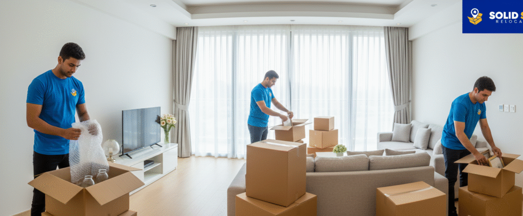 Professional house movers in Dubai Silicon Oasis carefully packing household items using secure packing materials inside a modern apartment.