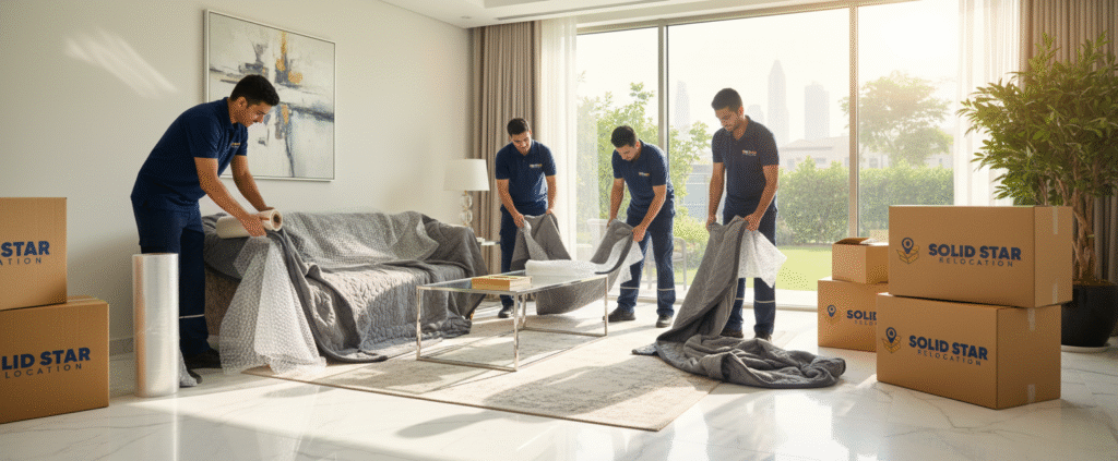 Professional villa moving services in Palm Jumeirah Dubai with expert movers carefully packing luxury furniture inside a modern Dubai villa