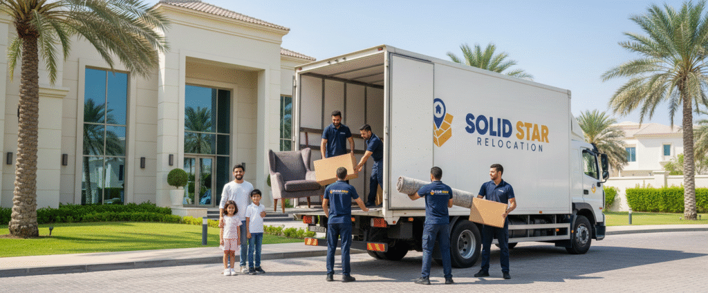 Moving truck and trained house movers in Dubai Silicon Oasis safely loading wrapped furniture and boxes for secure home relocation.