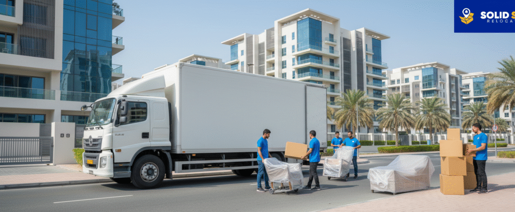 Moving truck and trained house movers in Dubai Silicon Oasis safely loading wrapped furniture and boxes for secure home relocation.